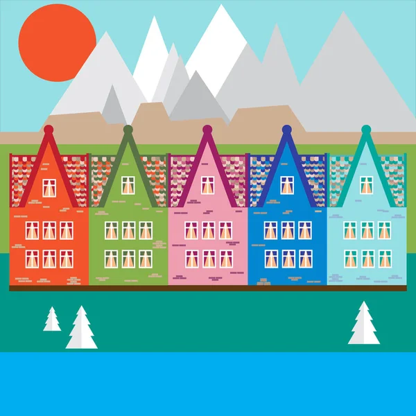Illustration vectorielle maisons dans les montagnes . — Image vectorielle