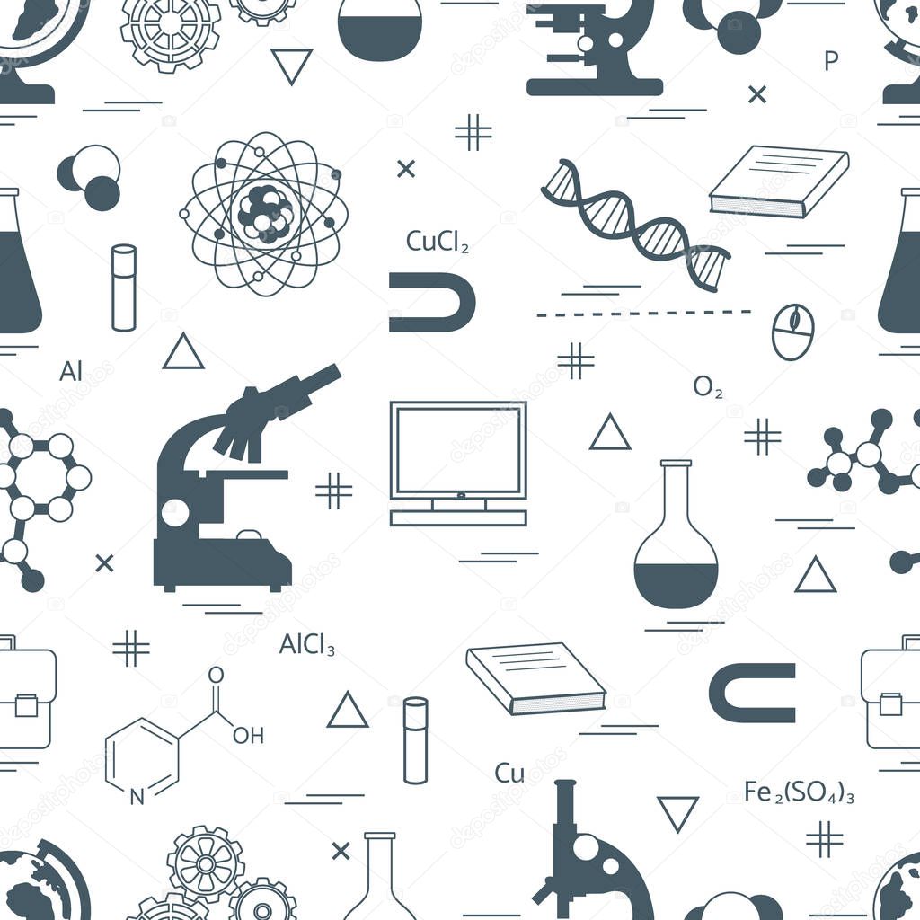 Seamless pattern with variety scientific, education elements: gl