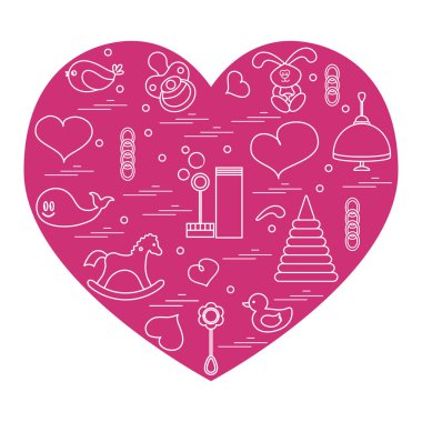 Vektör çizim çocuklar bir kalp düzenlenmiş elemanları: kuş, ne