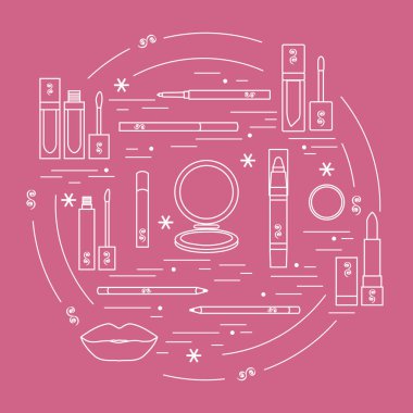 Vektör çizimi farklı dudak makyaj araçları düzenlenen bir