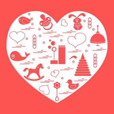 Vektör çizim çocuklar bir kalp düzenlenmiş elemanları: kuş, ne