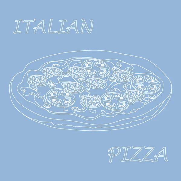 Ilustração agradável de pizza saborosa e apetitosa com inscrições . —  Vetores de Stock