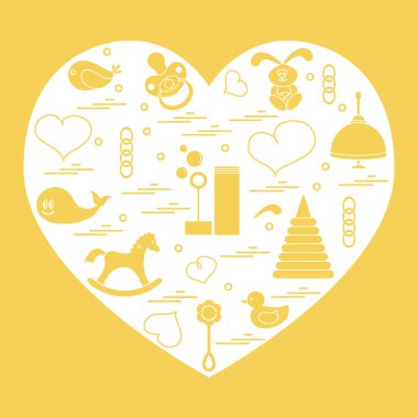 Vektör çizim çocuklar bir kalp düzenlenmiş elemanları: kuş, ne