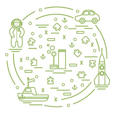 Vektör çizim çocuklar oyuncak nesneleri: astronot, roket, gemi, 