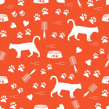 Güzel desen yürüyen kedi, izleri, kupa, kase silueti ve