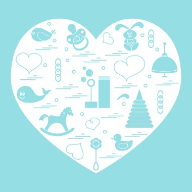 Vektör çizim çocuklar bir kalp düzenlenmiş elemanları: kuş, ne