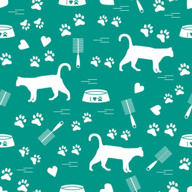 Güzel desen yürüyen kedi, izleri, kupa, kase silueti ve