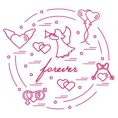 Sevimli vektör çizim farklı aşk sembolleri ile: Kalpler, ai