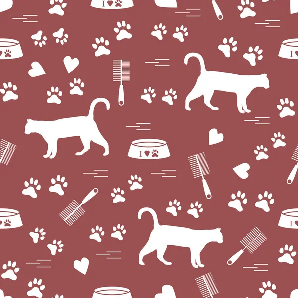 Bonito patrón de silueta caminando gato, rastros, corazones, tazón y — Vector de stock
