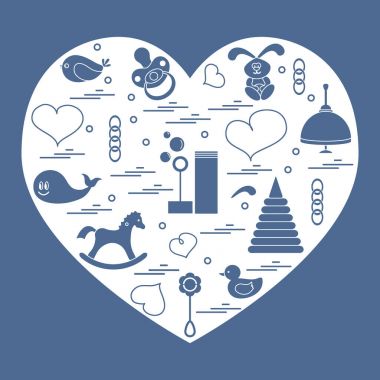 Vektör çizim çocuklar bir kalp düzenlenmiş elemanları: kuş, ne