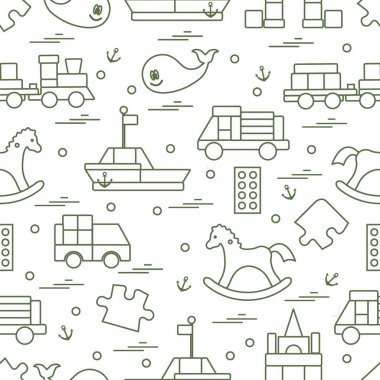 Vektör çizim çocuklar oyuncak nesneleri: tren, puzzle, tasarımcı, 