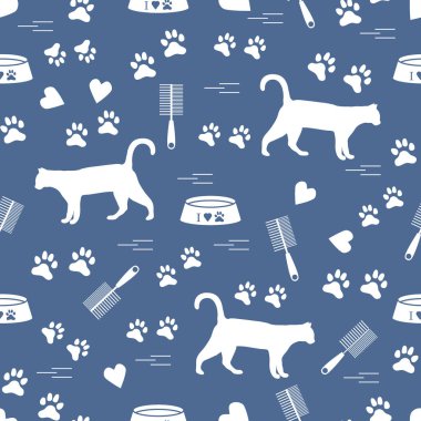 Güzel desen yürüyen kedi, izleri, kupa, kase silueti ve