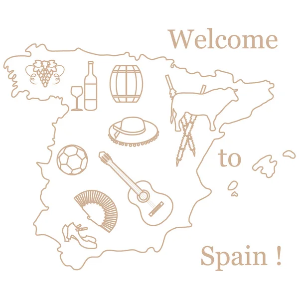 Ilustração vetorial com vários símbolos da Espanha. Viagem e le — Vetor de Stock