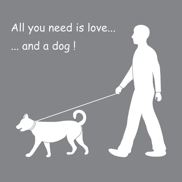 가죽 끈에 개를 산책 하는 남자의 실루엣. 디자인 요소 — 스톡 벡터