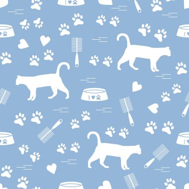 Güzel desen yürüyen kedi, izleri, kupa, kase silueti ve