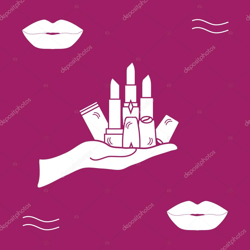 Vector illustration with hand holding out a various tubes of  li