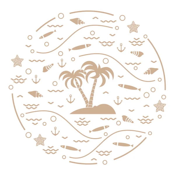 Niedliche Vektorillustration mit Fisch, Insel mit Palmen, Anch — Stockvektor