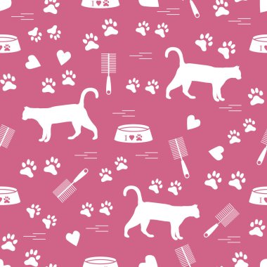 Güzel desen yürüyen kedi, izleri, kupa, kase silueti ve