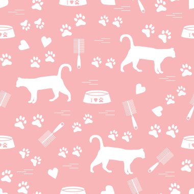 Güzel desen yürüyen kedi, izleri, kupa, kase silueti ve