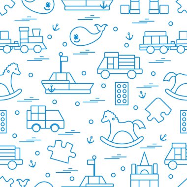 Vektör çizim çocuklar oyuncak nesneleri: tren, puzzle, tasarımcı, 