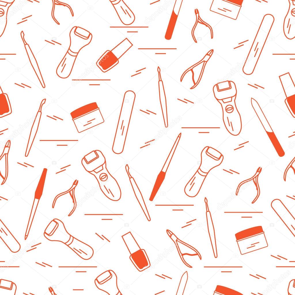 Seamless pattern with variety tools for manicure and pedicure. P