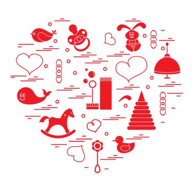 Vektör çizim çocuklar bir kalp düzenlenmiş elemanları: kuş, ne