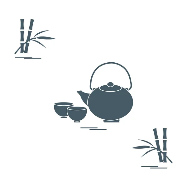 Стилізована ікона чайника з двома чашками і бамбуком. Чайна кераміка — стоковий вектор