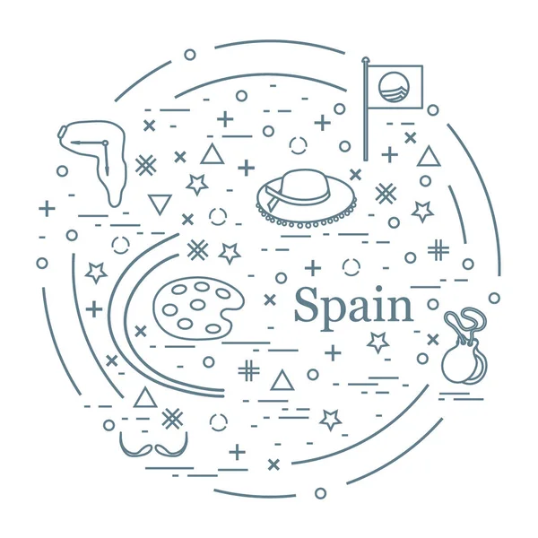 Vektorillustration mit verschiedenen spanischen Symbolen, die in einem — Stockvektor