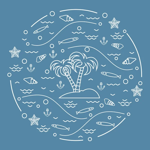 Милі Векторні ілюстрації з рибою, острів з пальмами, якір — стоковий вектор