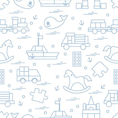 Vektör çizim çocuklar oyuncak nesneleri: tren, puzzle, tasarımcı, 