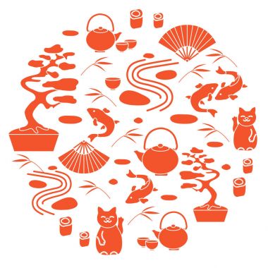 Bonsai ağacı, çaydanlık iki bardak ile sevimli vektör çizim,