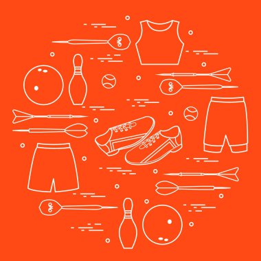 Vektör çizim ile bir daire içinde düzenlenen spor için ürünler. 