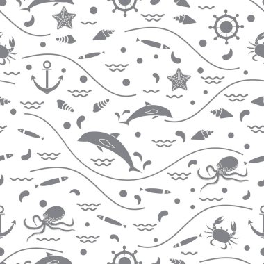 Yunuslar, ahtapot, balık, çapa, dümen ile şirin seamless modeli