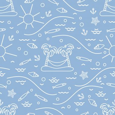 Balık, palmiye ağaçları ile ada ile şirin Dikişsiz desen ve bir ha