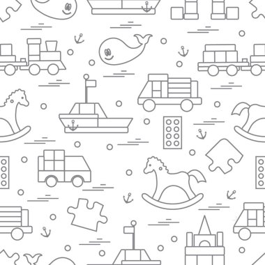 Vektör çizim çocuklar oyuncak nesneleri: tren, puzzle, tasarımcı, 