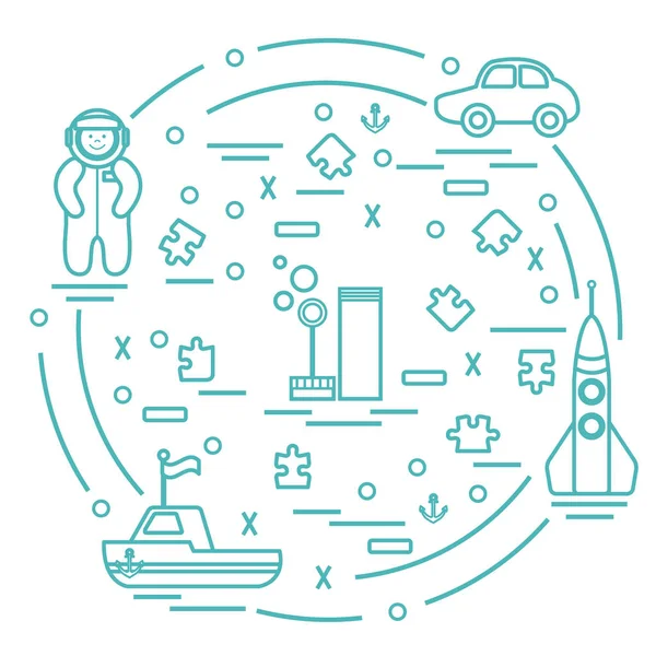 Vektör çizim çocuklar oyuncak nesneleri: astronot, roket, gemi, 