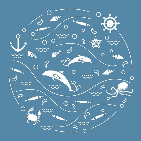 可爱的矢量图和海豚，章鱼，鱼，锚，h — 图库矢量图片