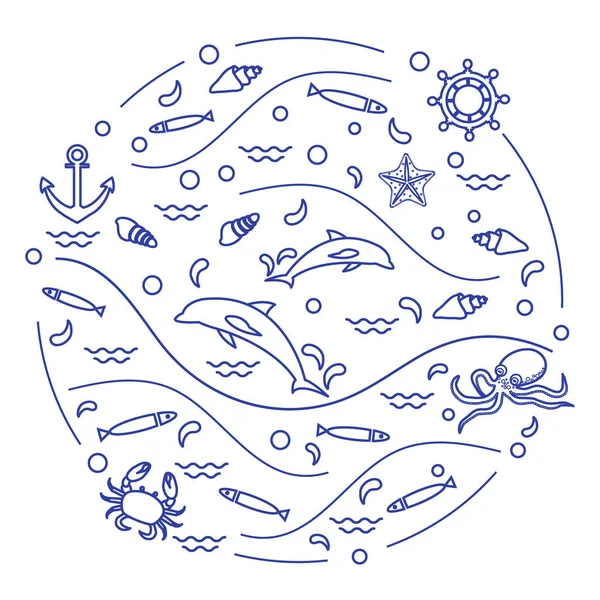 Ilustracja wektorowa Ładna z delfiny, ośmiornice, ryby, kotwica, h — Wektor stockowy