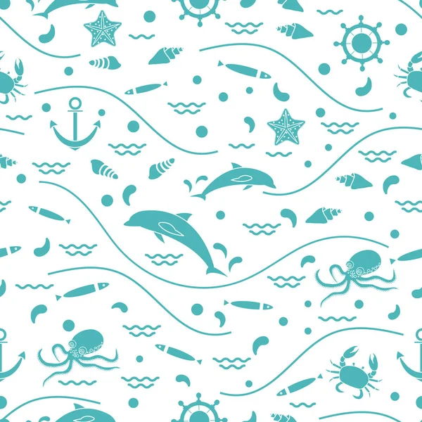 Lindo patrón sin costura con delfines, pulpo, peces, ancla, timón — Archivo Imágenes Vectoriales