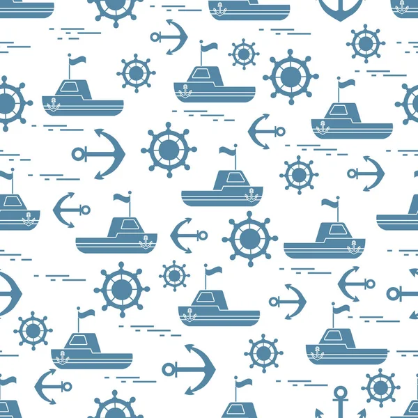 Χαριτωμένο μοτίβο άνευ ραφής με πλοία, τιμόνια, άγκυρες, σημαία — Διανυσματικό Αρχείο