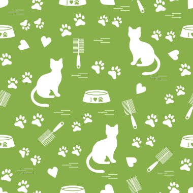 Güzel desen oturan kedi, izleri, kupa, kase silueti ve