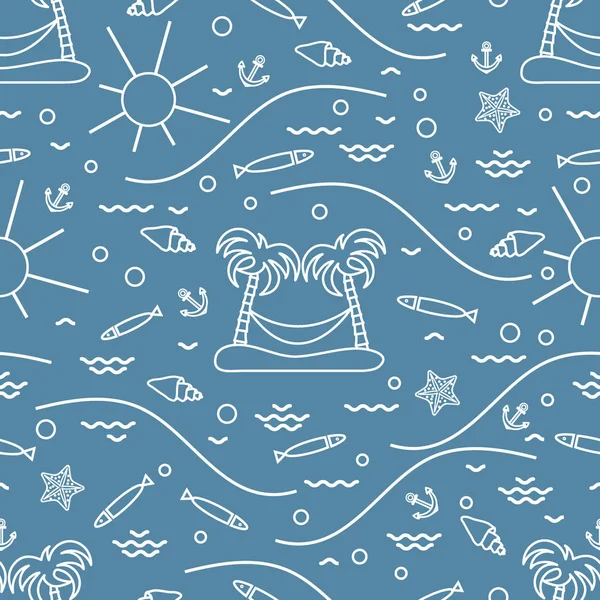 Mignon motif sans couture avec des poissons, île avec des palmiers et un ha — Image vectorielle