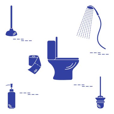 Vektör çizim klozet, duş, tuvalet kağıdı, sabun