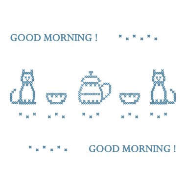 Sevimli vektör çizim çapraz çaydanlık iki fincan ile nakış