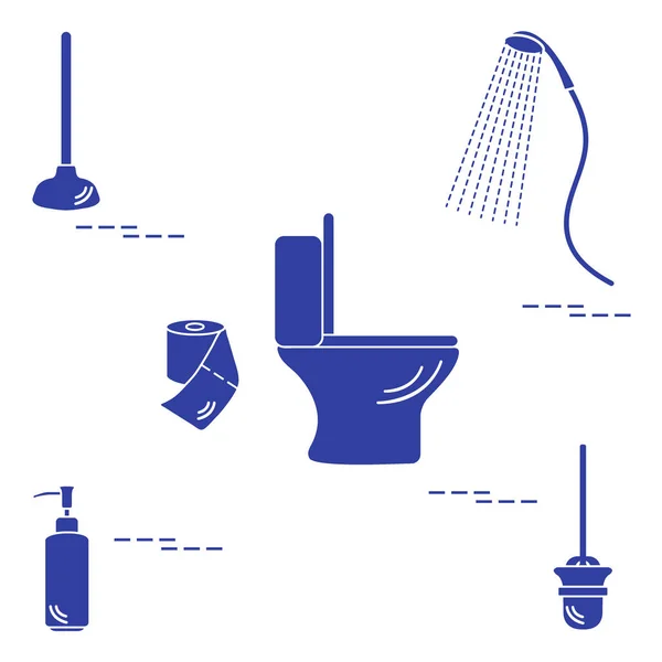 Vektorillustration mit Toilettenschüssel, Dusche, Toilettenpapier, Seife — Stockvektor