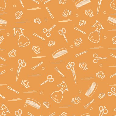 Makas, taraklar, hairclip, tokalar ve püskürtücü şirin desen.