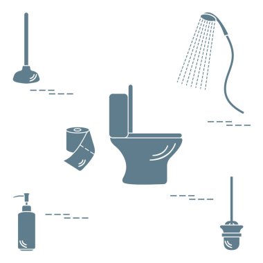 Vektör çizim klozet, duş, tuvalet kağıdı, sabun