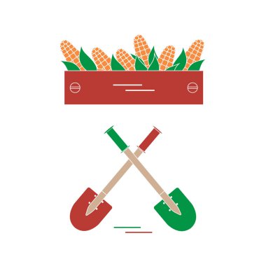 Hasat sevimli vektör çizim: iki kürek ve Mısır kutusu