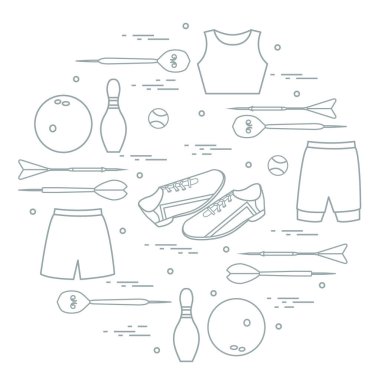 Vektör çizim ile bir daire içinde düzenlenen spor için ürünler. 