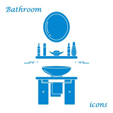 Çeşitli banyo elemanları ile sevimli vektör çizim: ayna,